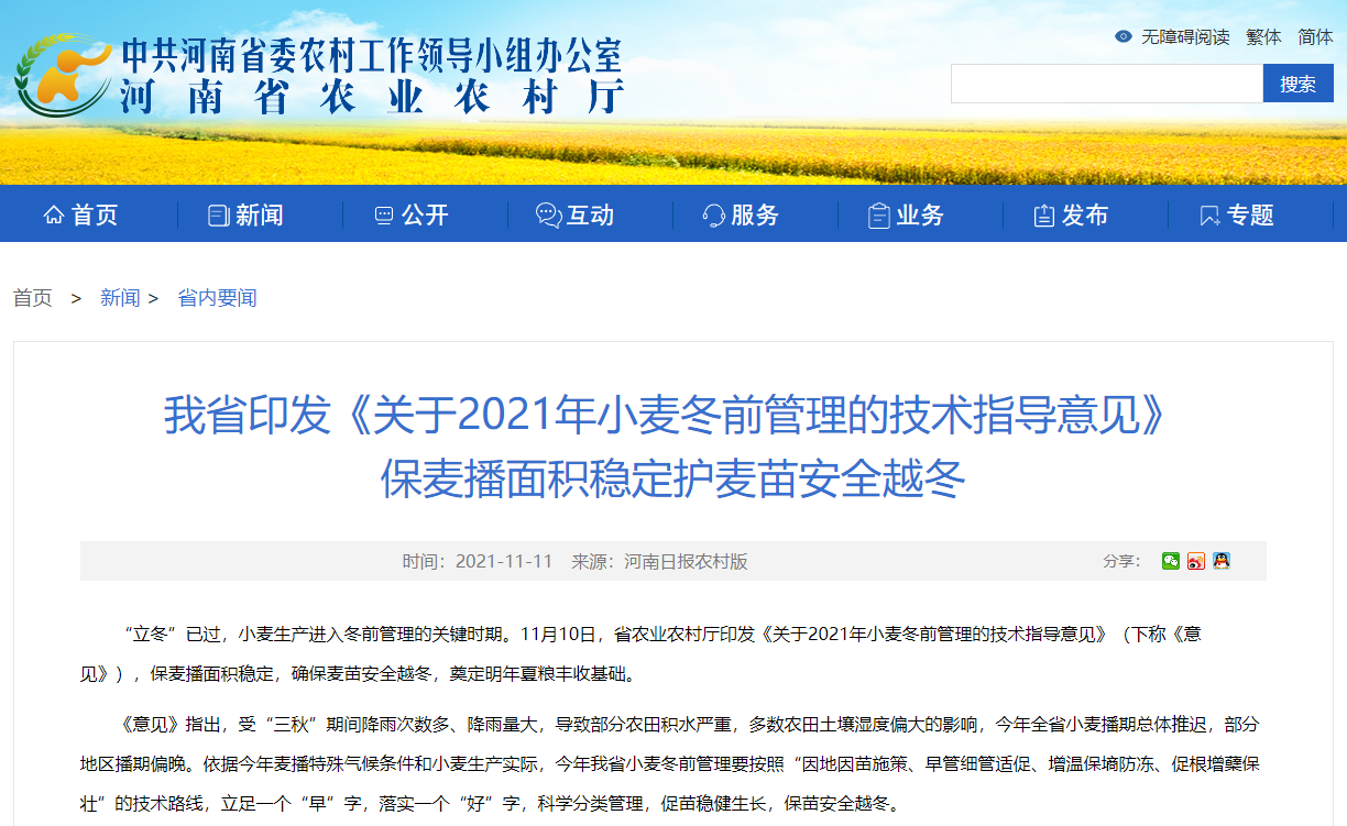 河南省印發(fā)《關于2021年小麥冬前管理的技術指導意見》 保麥播面積穩(wěn)定護麥苗