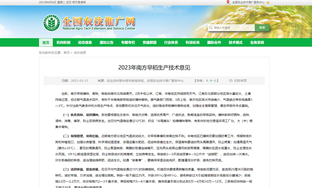 2023年南方早稻生產(chǎn)技術(shù)意見